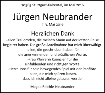 Anzeige von Jürgen Neubrander von Reutlinger Generalanzeiger
