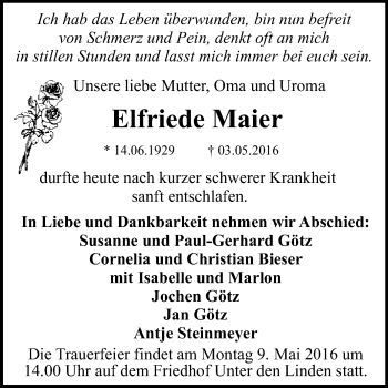 Anzeige von Elfriede Maier von Reutlinger Generalanzeiger