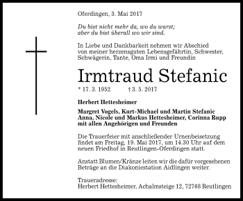 Anzeige von Irmtraud Stefanic von Reutlinger General-Anzeiger