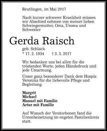 Anzeige von Gerda Raisch von Reutlinger General-Anzeiger