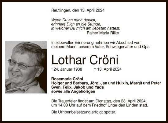 Anzeige von Lothar Cröni von Reutlinger General-Anzeiger