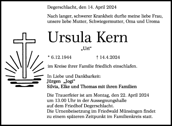 Anzeige von Ursula Kern von Reutlinger General-Anzeiger