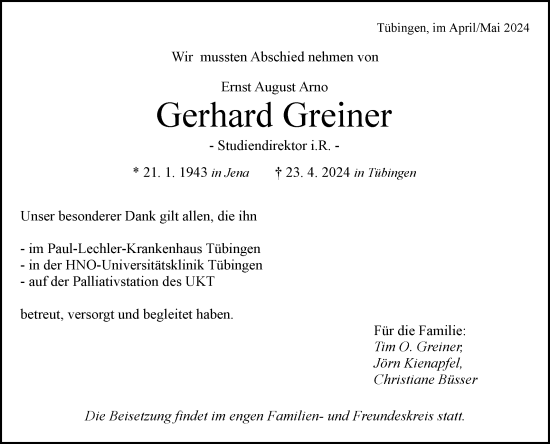 Anzeige von Gerhard Greiner von Reutlinger General-Anzeiger