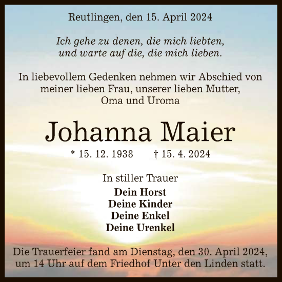 Anzeige von Johanna Maier von Reutlinger General-Anzeiger